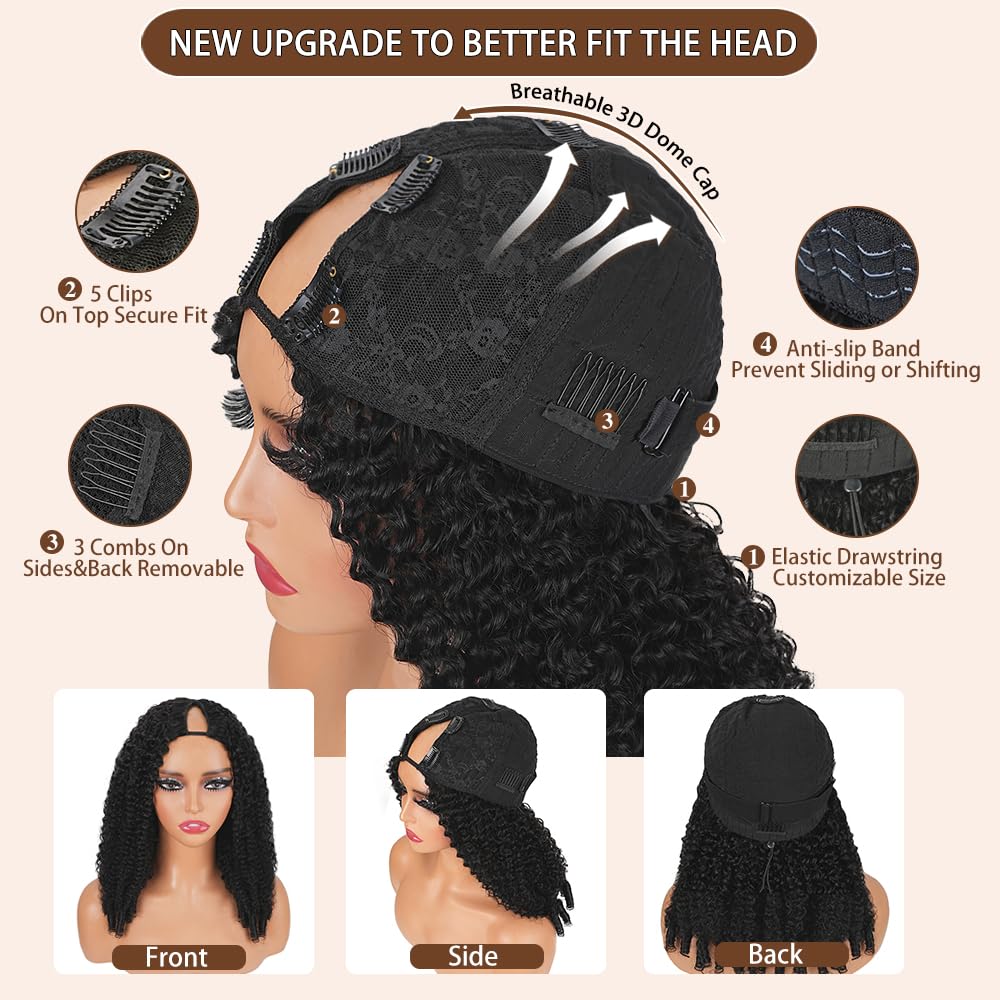 Kloiynj glueless u-part wig with 3 combs and 5 clips for secure fit.
