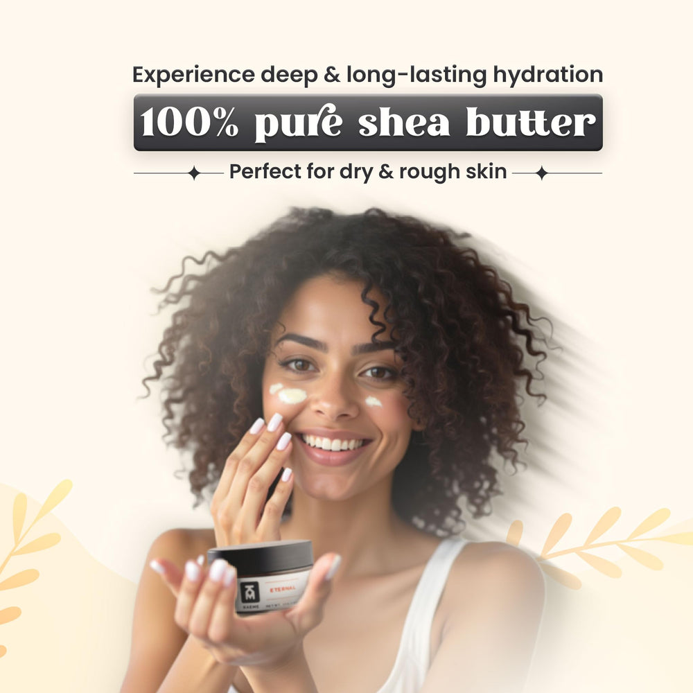 KM KAEME Eternal organic shea butter close-up highlighting creamy texture for daily moisturization.