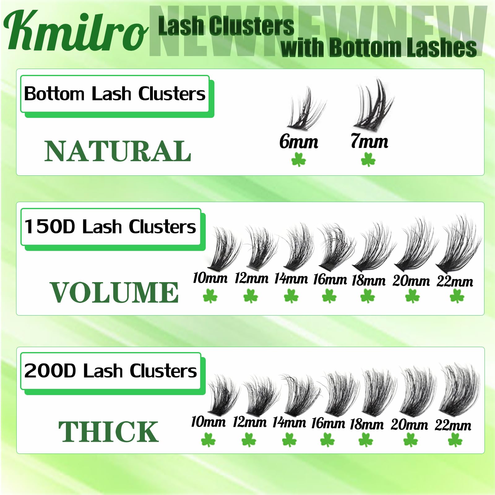 Kmilro 150D+200D flat lash clusters deliver lightweight, comfortable wear.