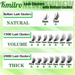 Kmilro 150D+200D flat lash clusters deliver lightweight, comfortable wear.