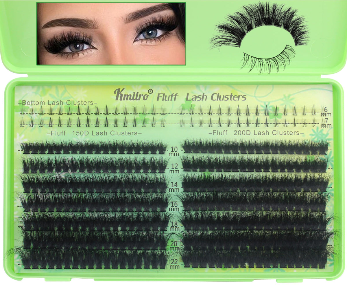 Kmilro lash clusters upper 10-22mm for dramatic eye fullness.