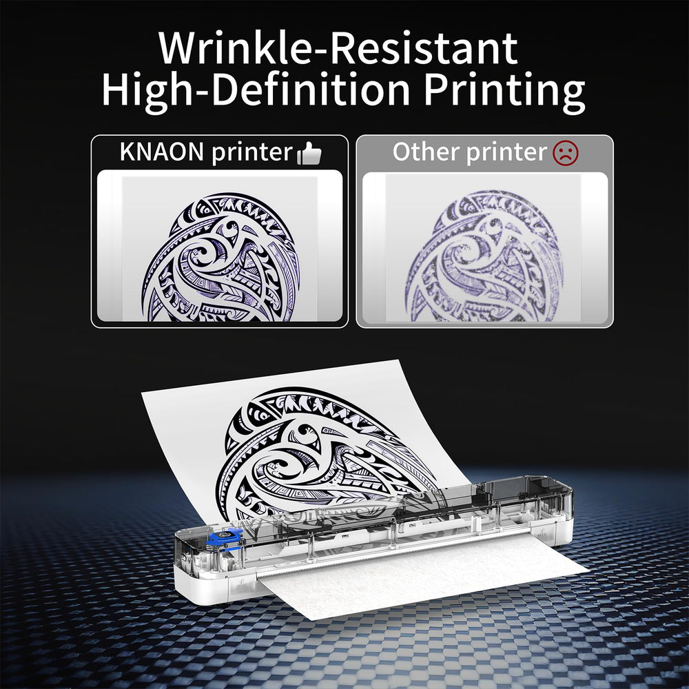 KNAON tattoo stencil printer side view, portable setup for mobile artists.
