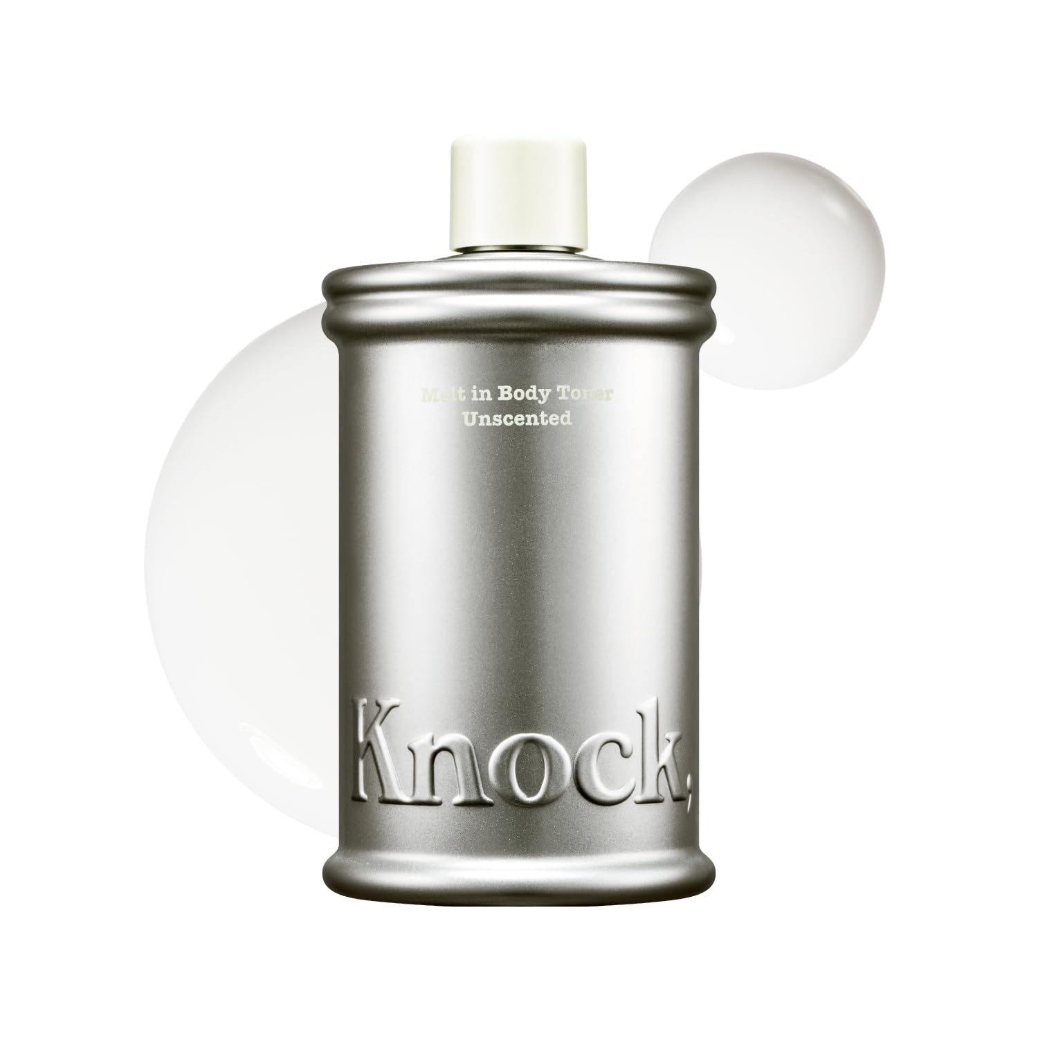 Knock Melt In Body Toner bottle close-up showing lightweight hydration for refreshed skin.