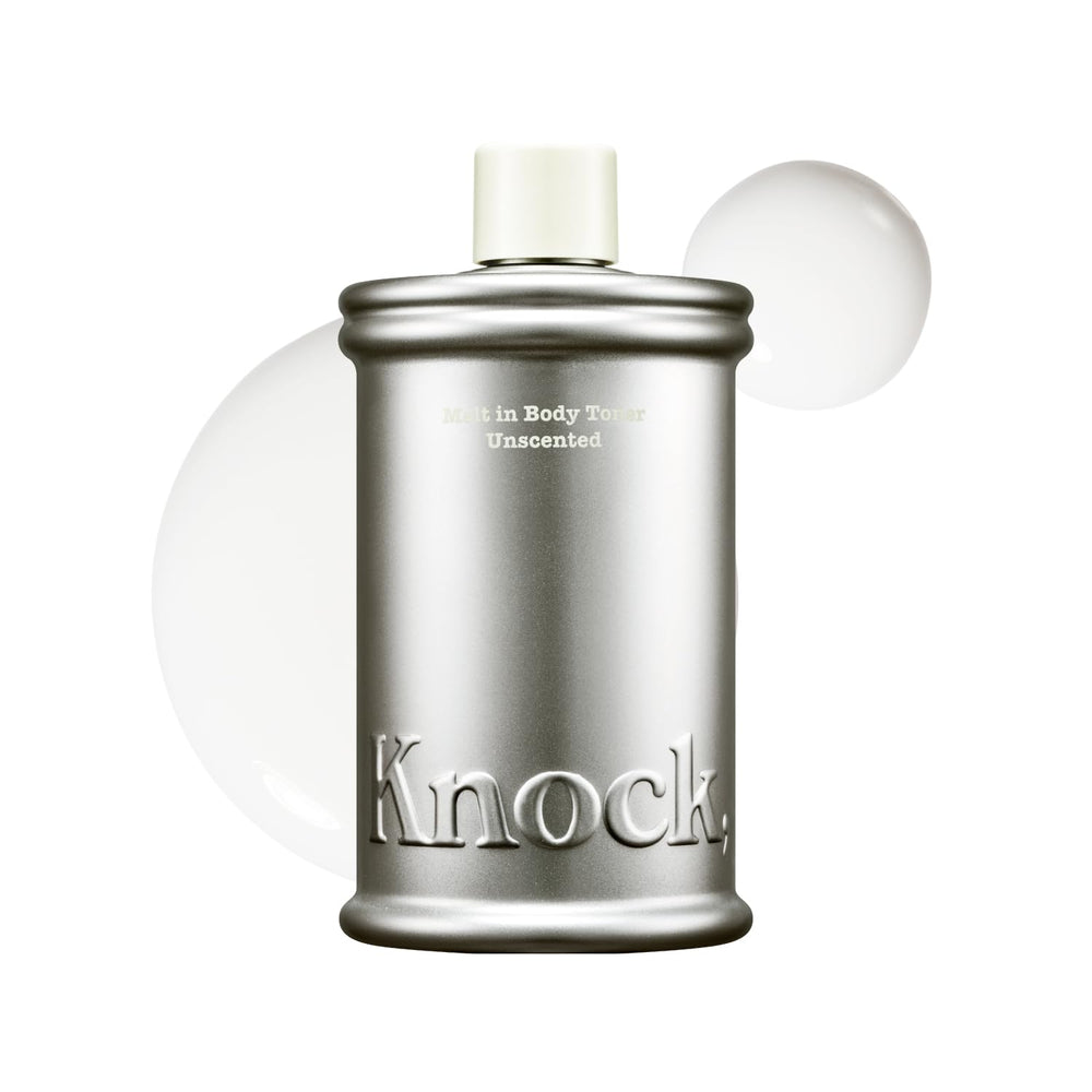 Knock Melt In Body Toner bottle close-up showing lightweight hydration for refreshed skin.
