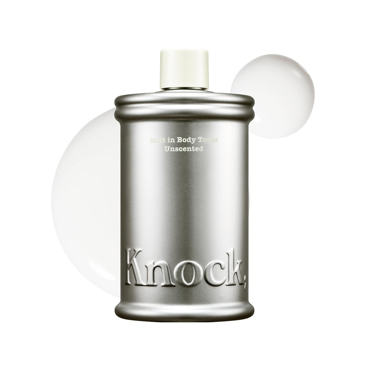 Knock Melt In Body Toner bottle close-up showing lightweight hydration for refreshed skin.