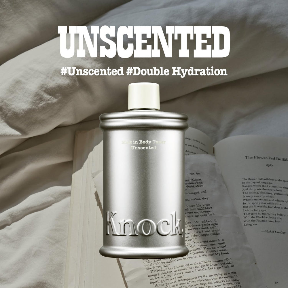 Knock Melt In Body Toner bottle pour demonstrates instant absorption without sticky residue.