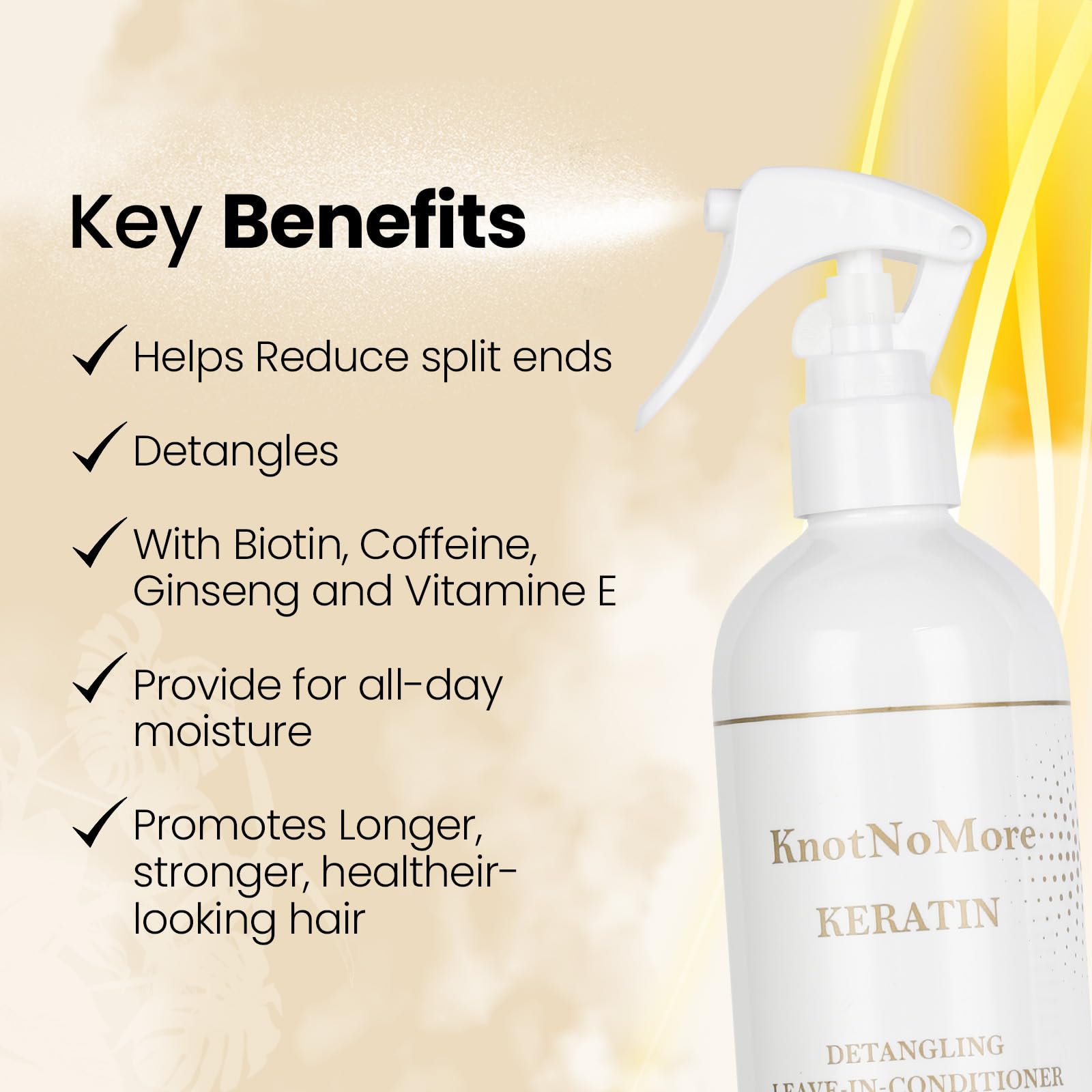 Knot No More silk protein close-up highlighting frizz control and shine.