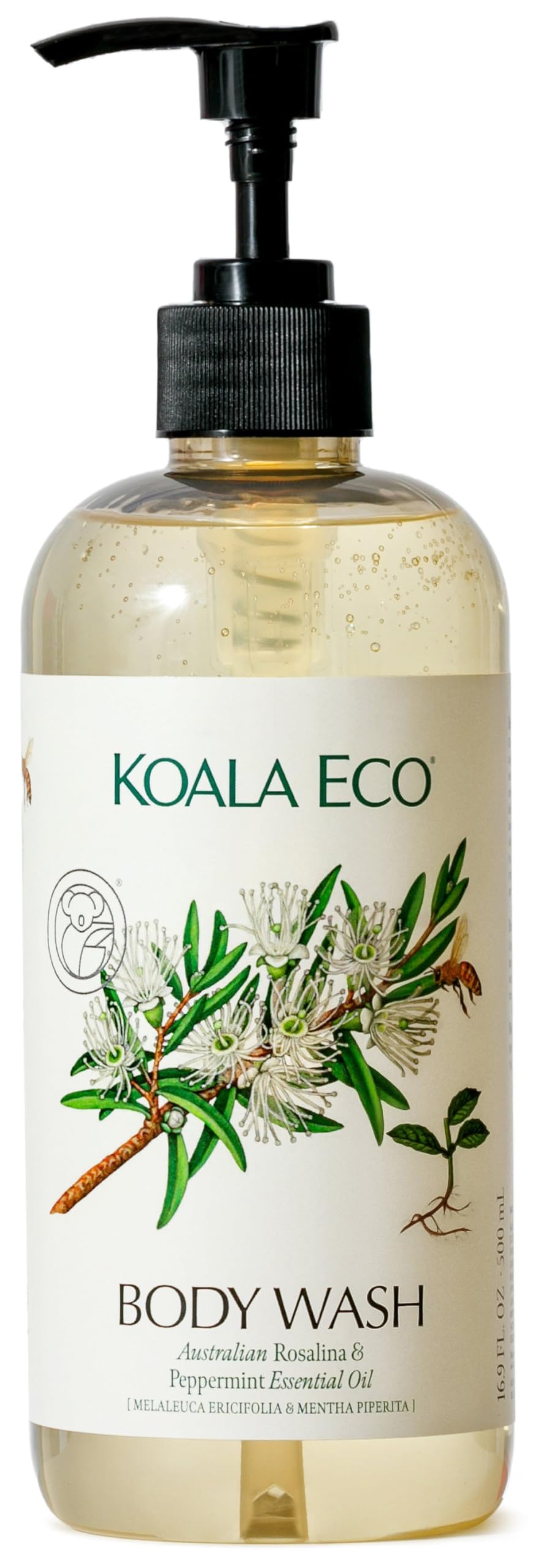 Koala Eco Body Wash bottle front with Rosalina and Peppermint aroma for refreshing cleanse.