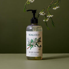 Koala Eco Body Wash bottle pump showing easy dispensing and soothing peppermint aroma.
