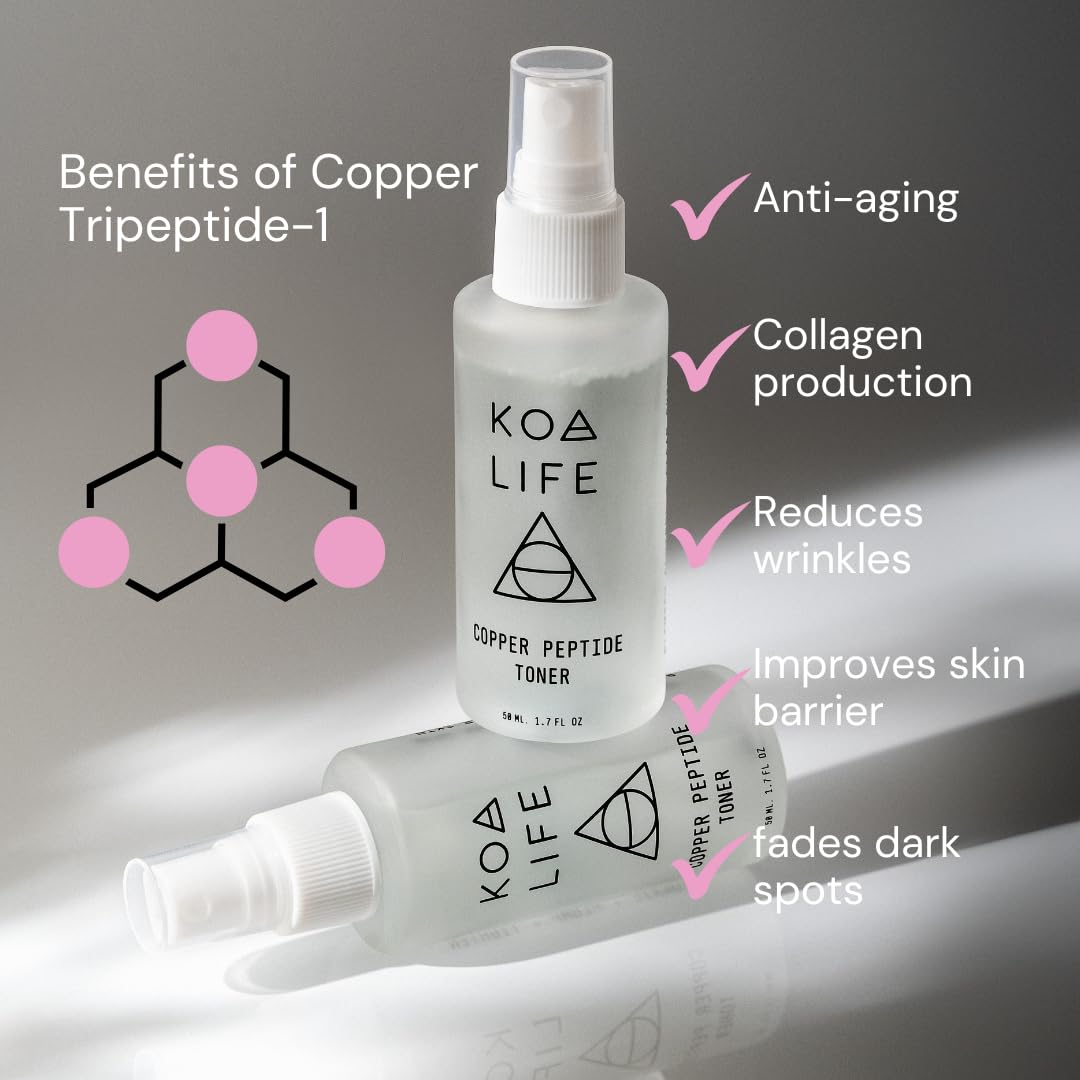 KOA LIFE Copper Peptide Toner spray application for refreshing skin and plumping effect.