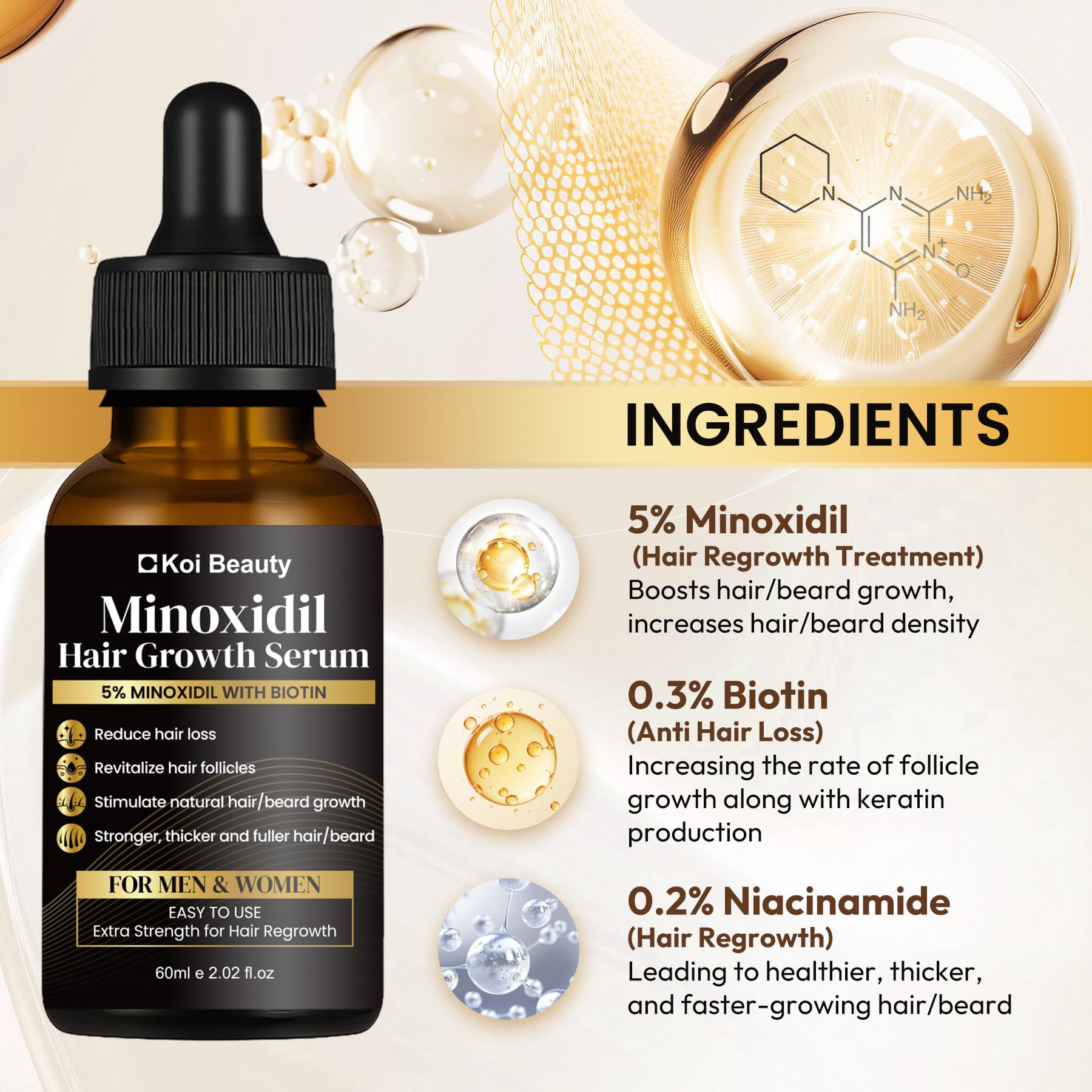 Koi Beauty dropper applying minoxidil drops to scalp for targeted hair growth care.