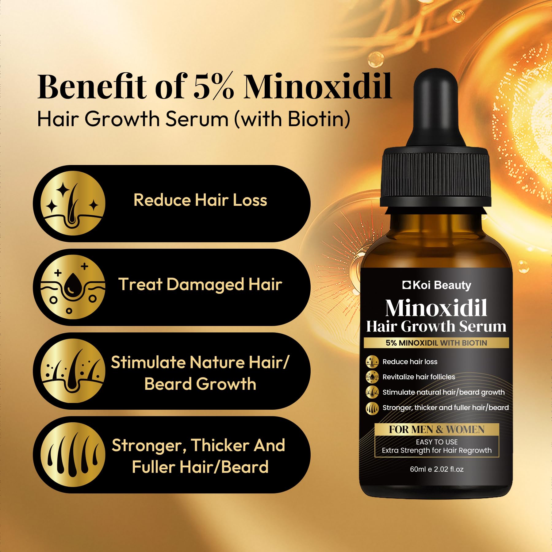 Koi Beauty hair growth serum close-up highlights key ingredients for follicle support.