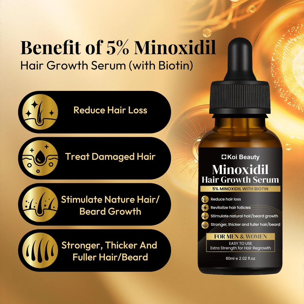 Koi Beauty hair growth serum close-up highlights key ingredients for follicle support.