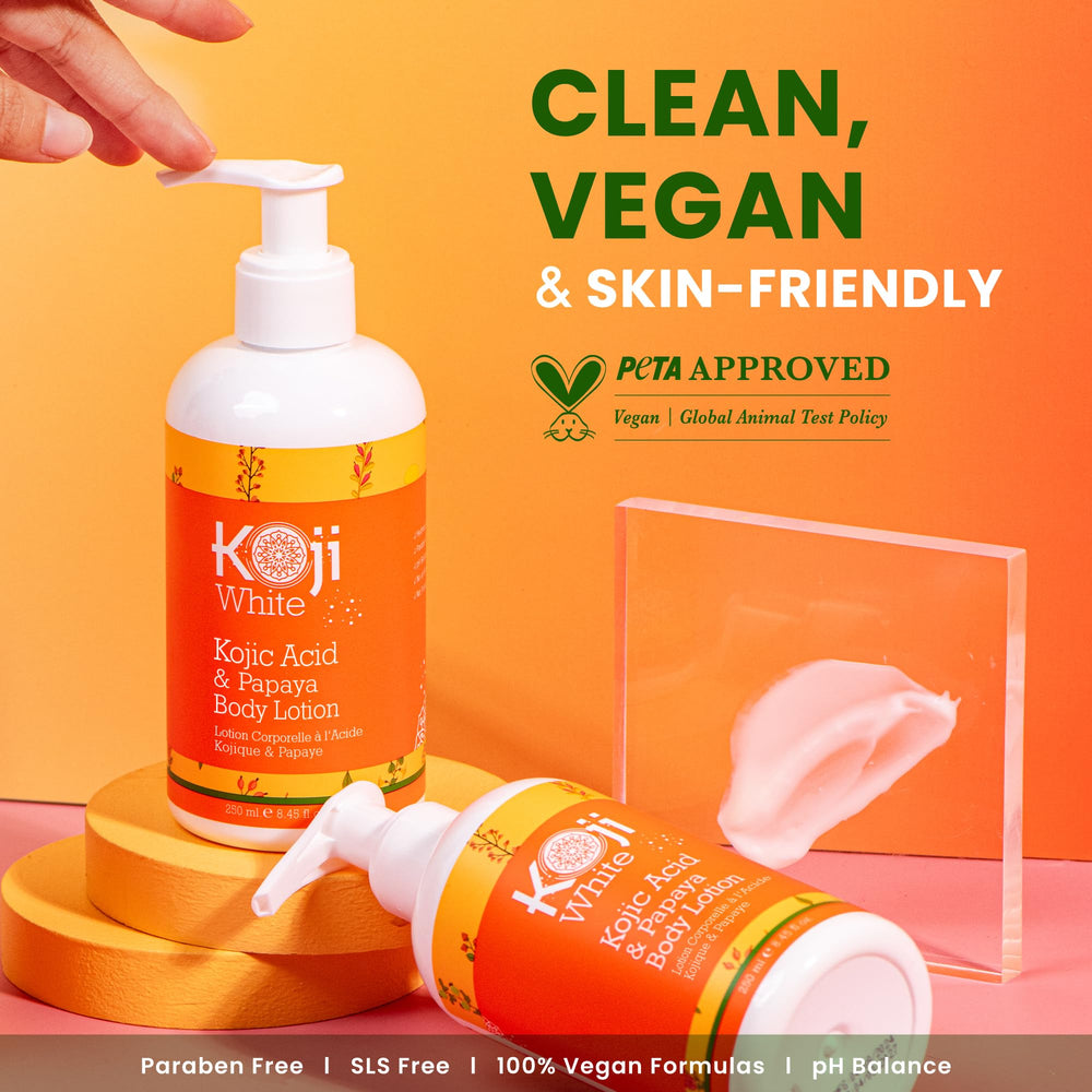 Koji White label shows parabens-free, vegan-friendly promise.
