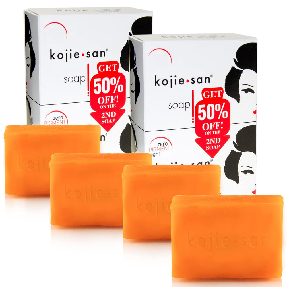 Kojie San original soap bar packaging shows four bars for a complete routine.