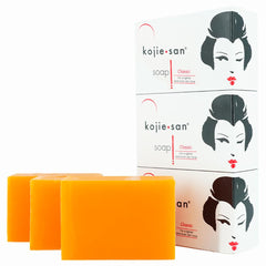 Kojie San skin brightening soap packshot showing three bars for radiant skin routine