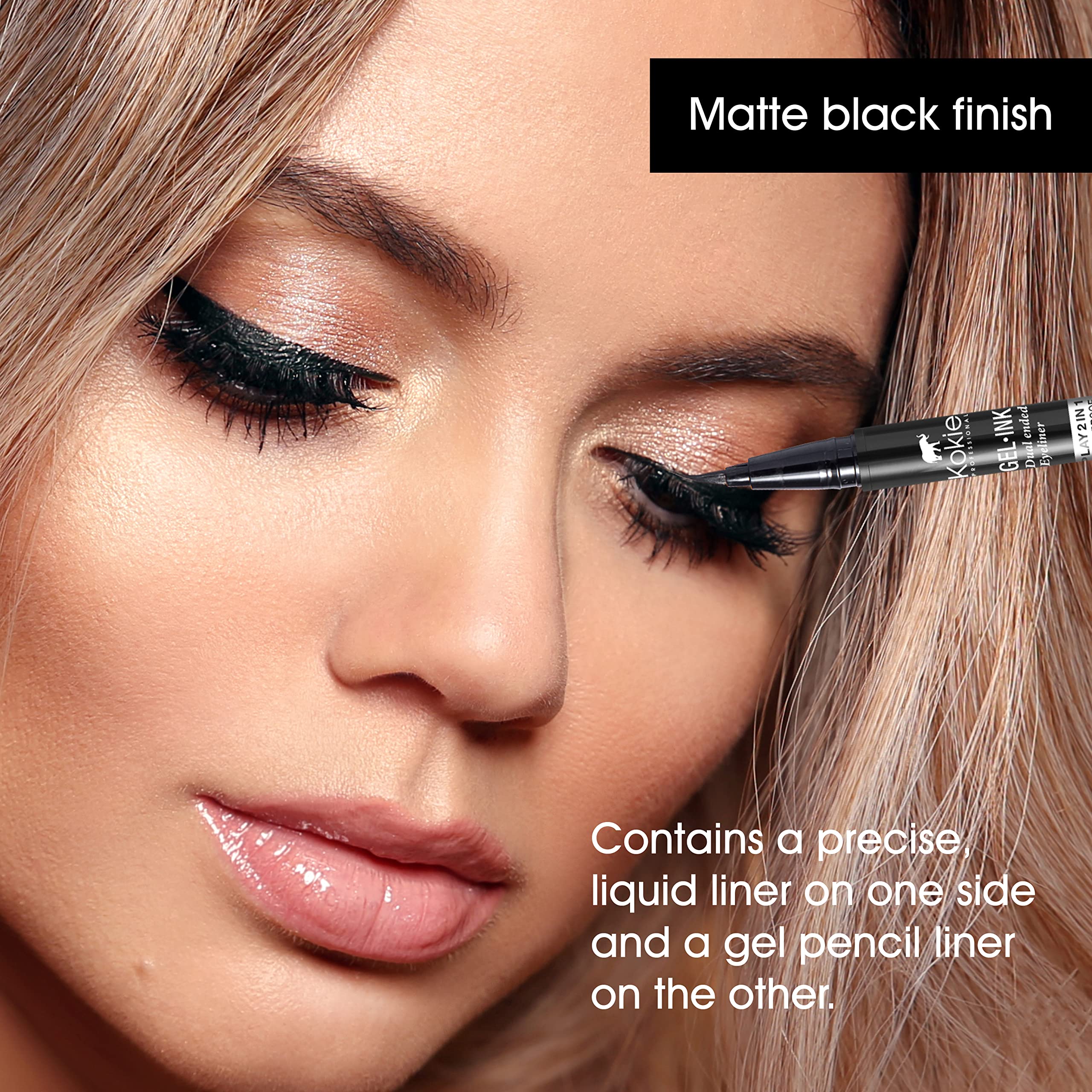 Kokie Gel Ink Dual Ended Eyeliner on eyelid demonstrating smooth application