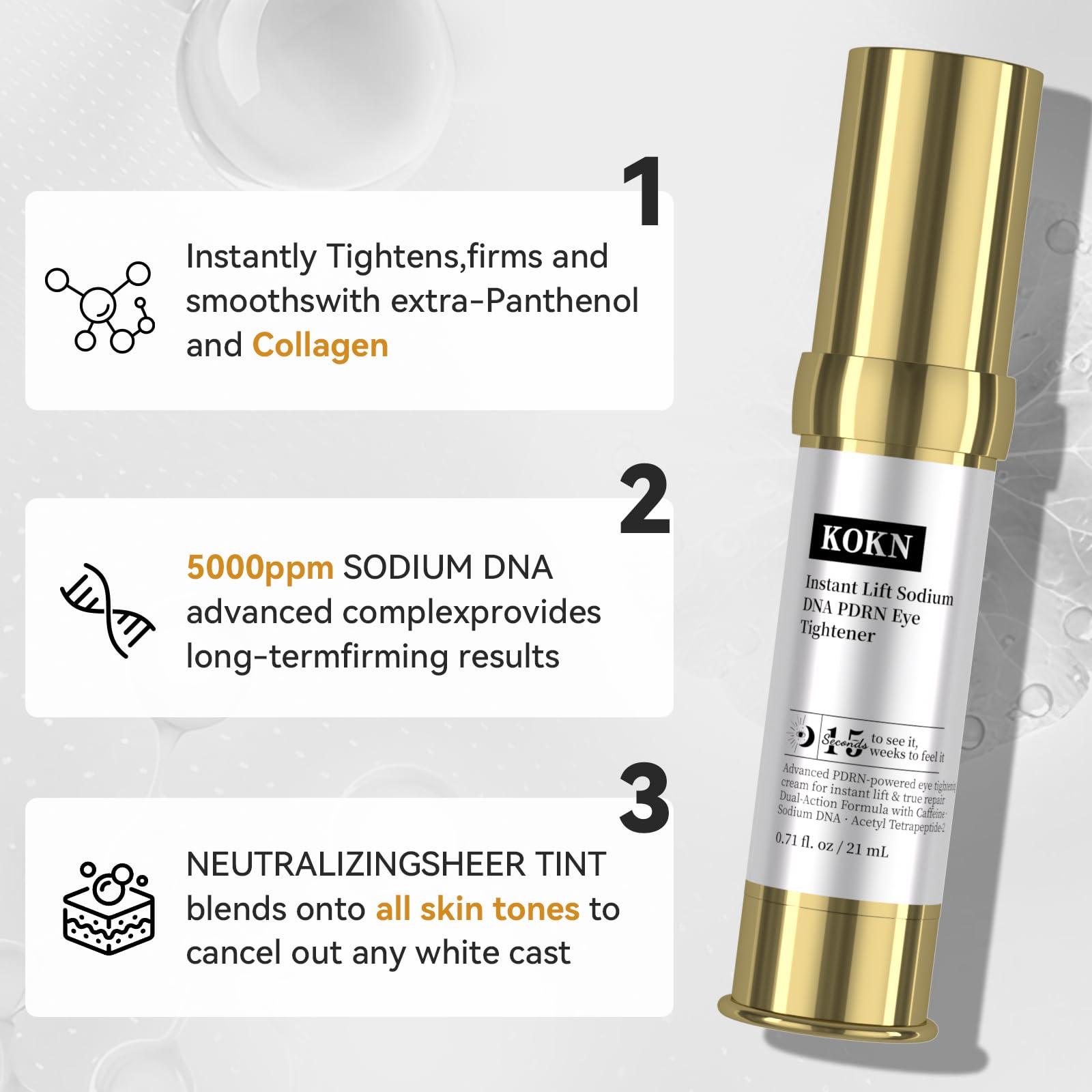 KOKN 15S Eye Cream anti-puffiness visual suggests refreshed look.