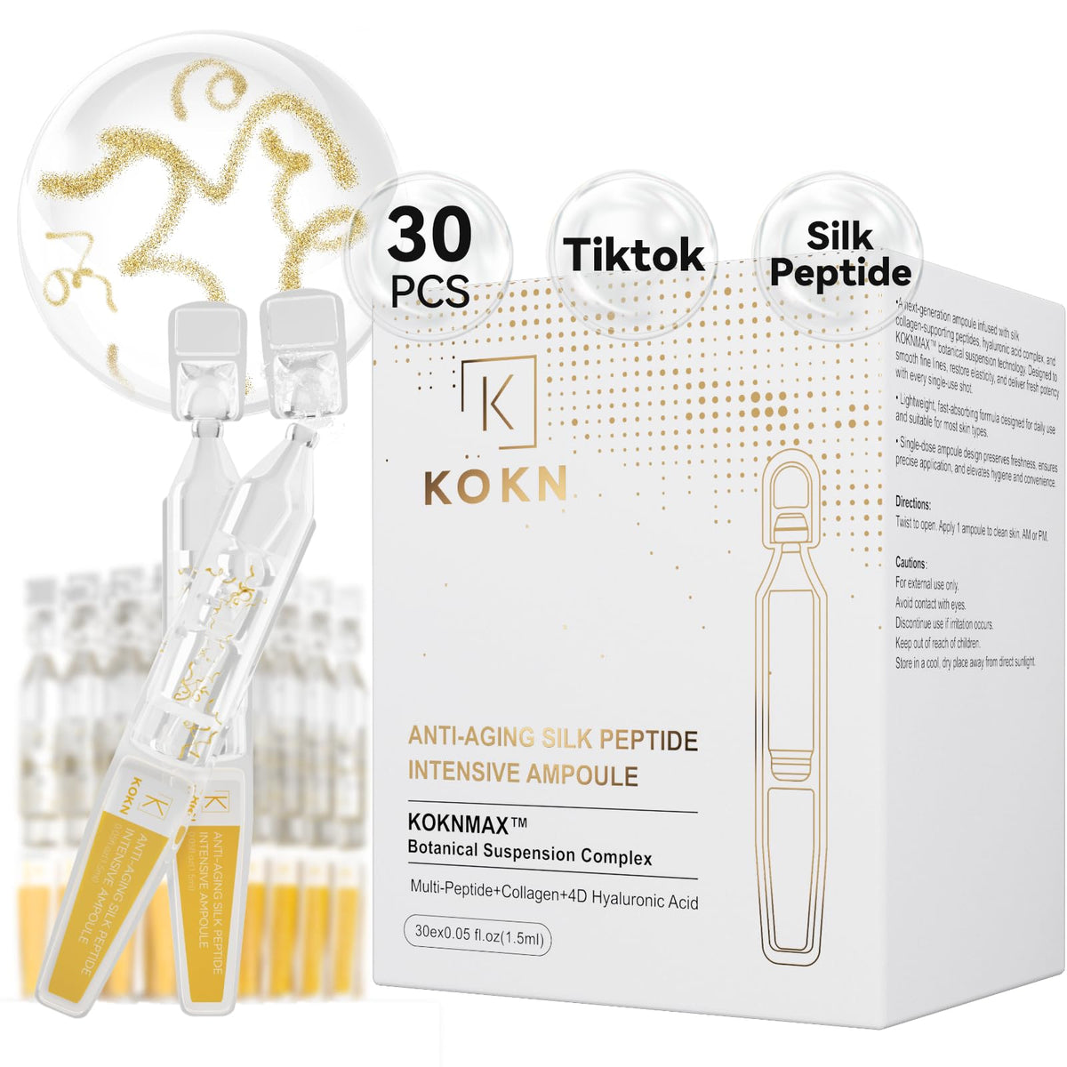 KOKN Silk Peptide Intensive Lifting Ampoule bottle closeup, premium design for firmer-looking skin.