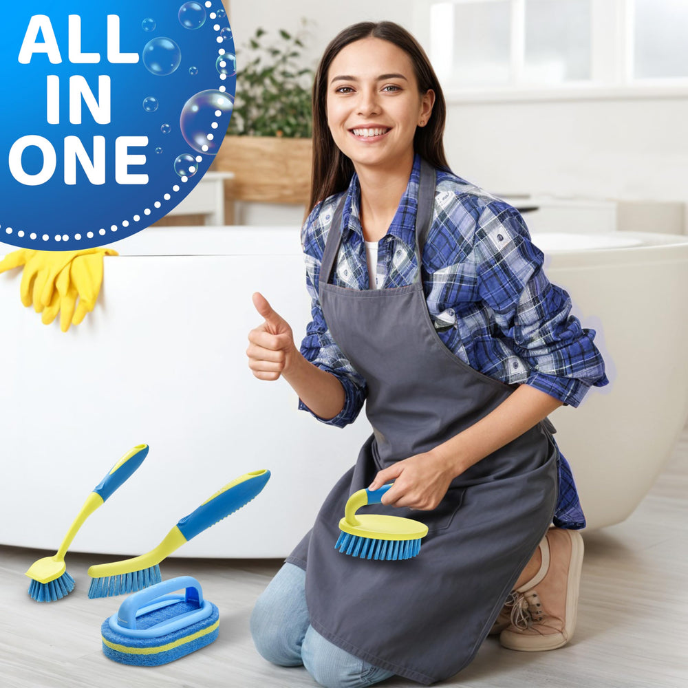 Koksi scrub brush set multi-surface use on tiles, counters, and appliances.