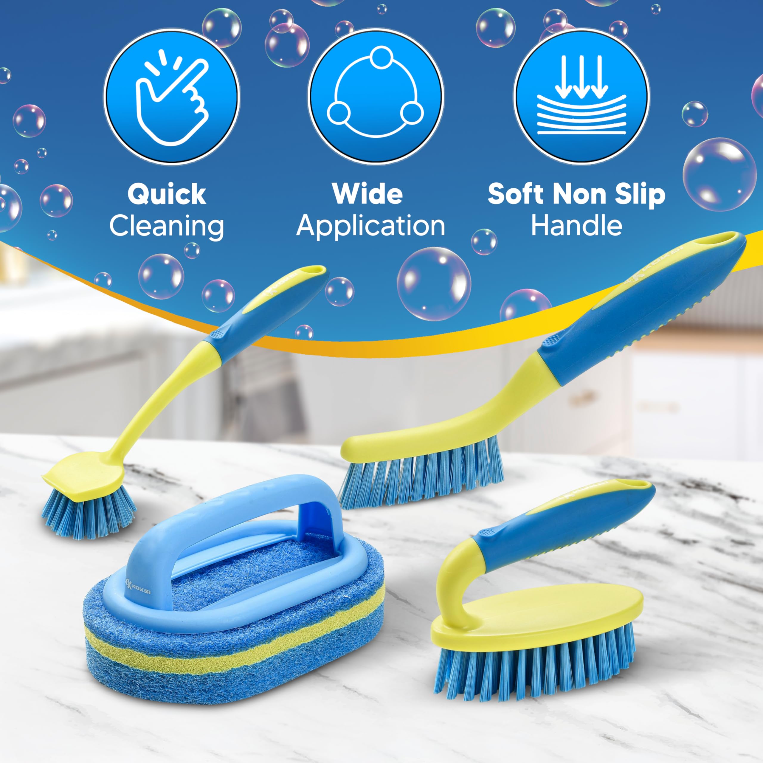 Koksi scrub brush set storage under sink shows compact organization.