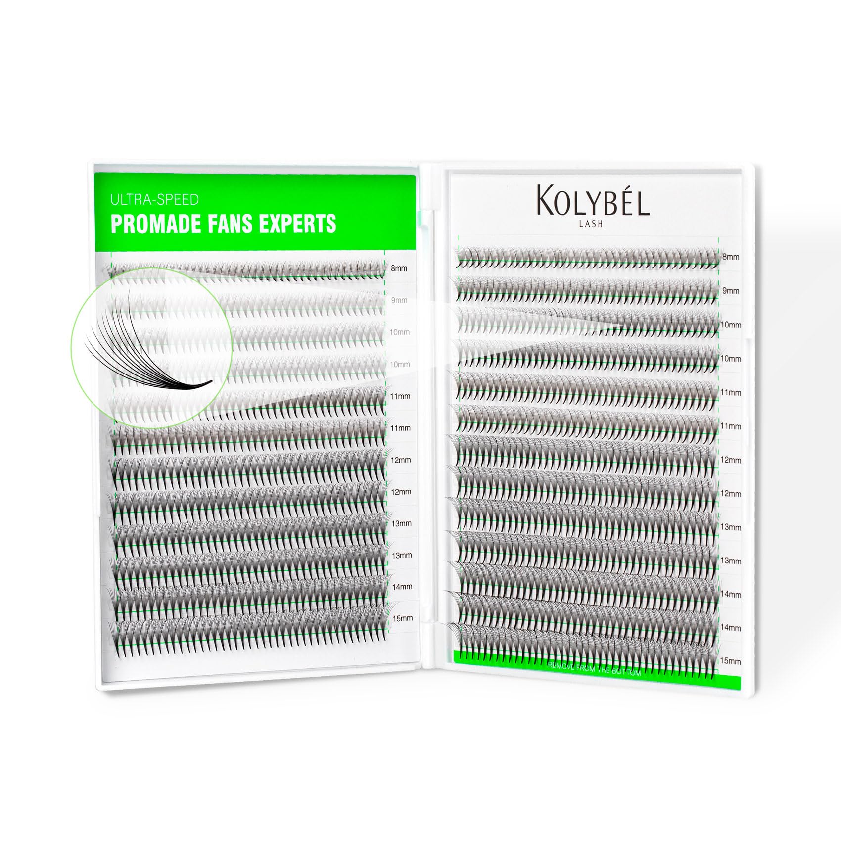 Kolybel 1000 premade lash fans 8D narrow base for quick volume application.