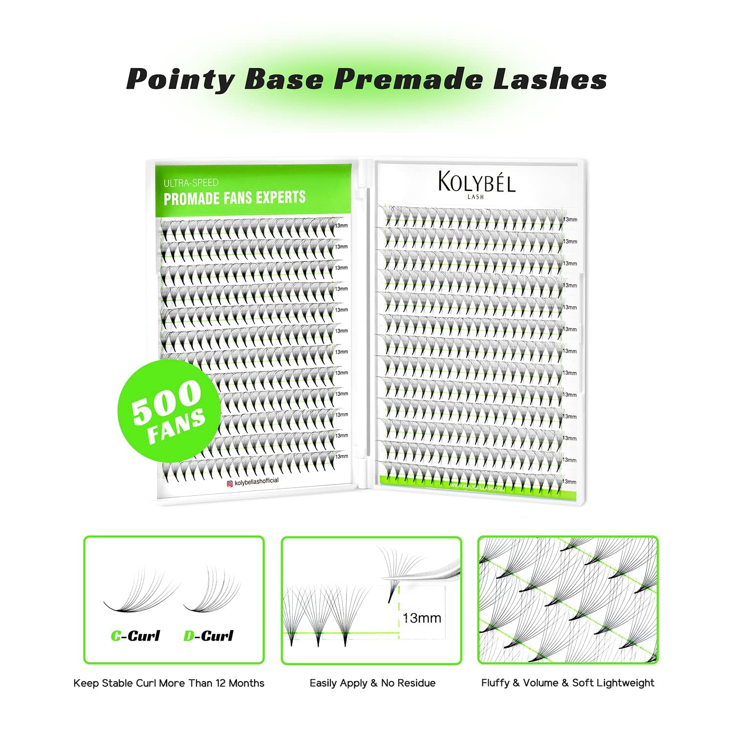Kolybel premade fans 10D 0.03 C curl 10mm ready for swift, dramatic volume.