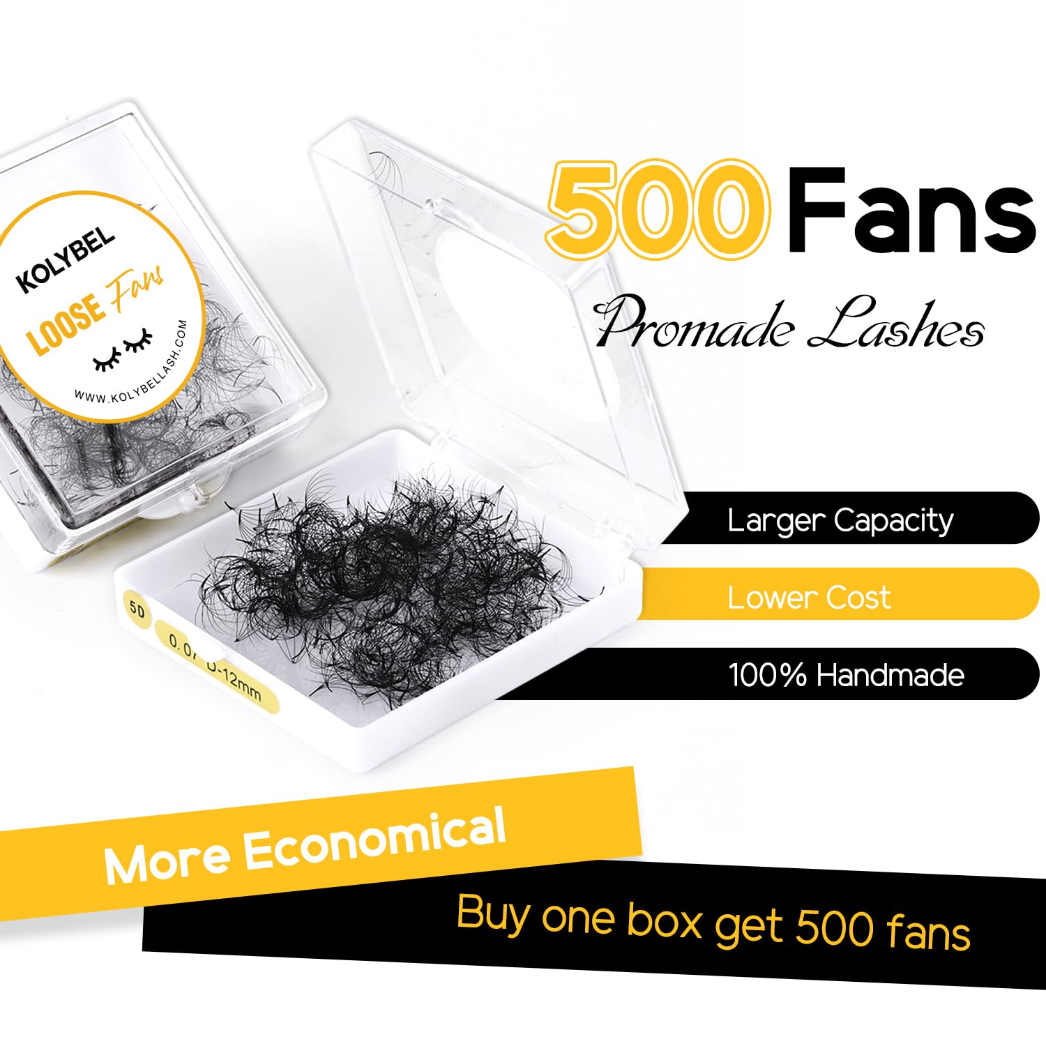 Kolybel premade fans 500-count box on table, ideal for efficient volume lash services.