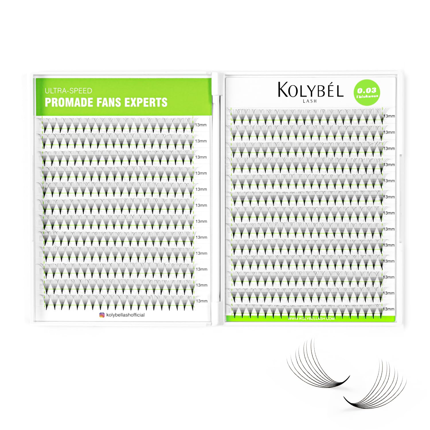 Kolybel premade fans 500-fans box close-up for quick volume lash sets.