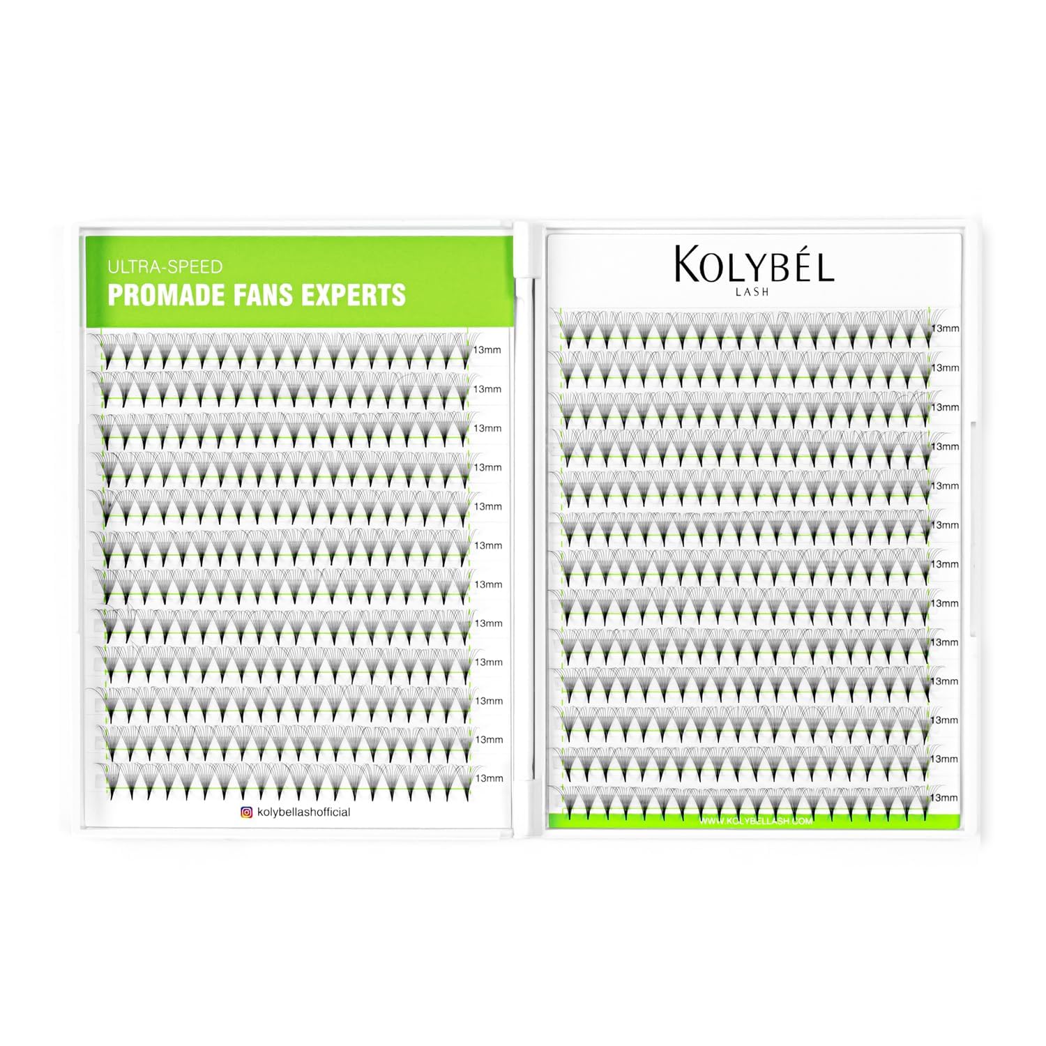 Kolybel Premade Fans pack closeup showing precise fan shapes for faster lash application.