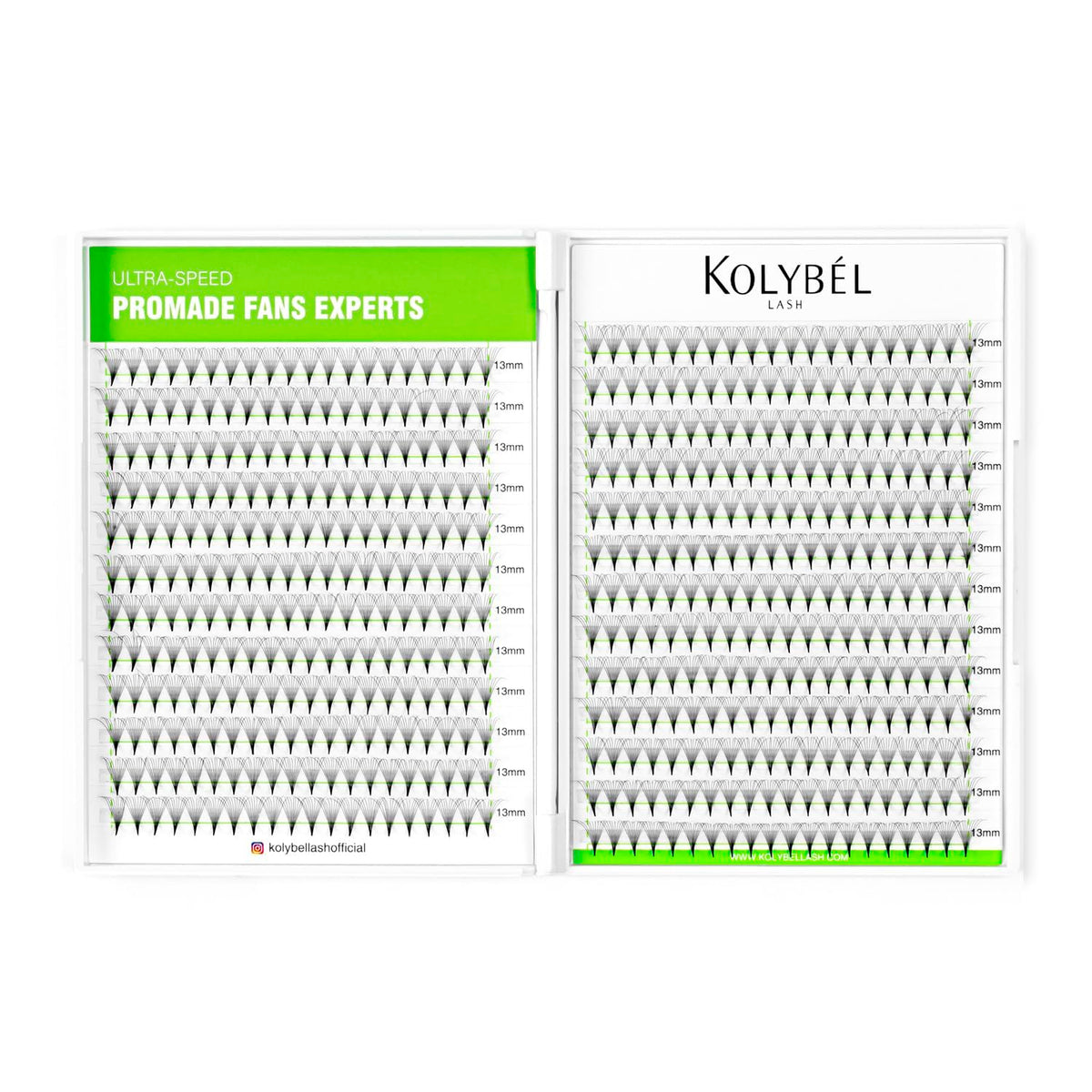 Kolybel Premade Fans pack closeup showing precise fan shapes for faster lash application.