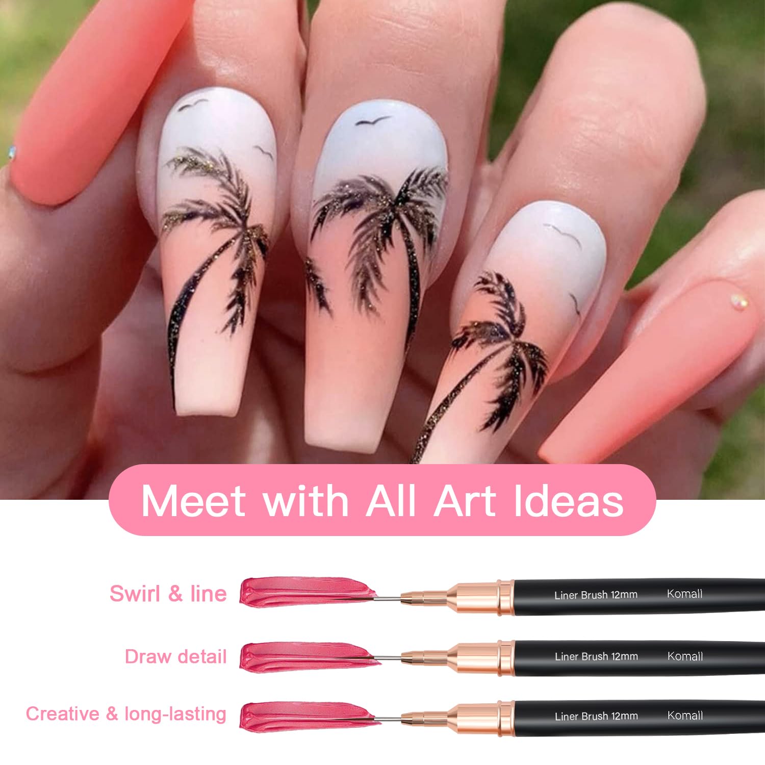 Komall 8mm nail art brush ideal for delicate patterns and smooth color transitions.