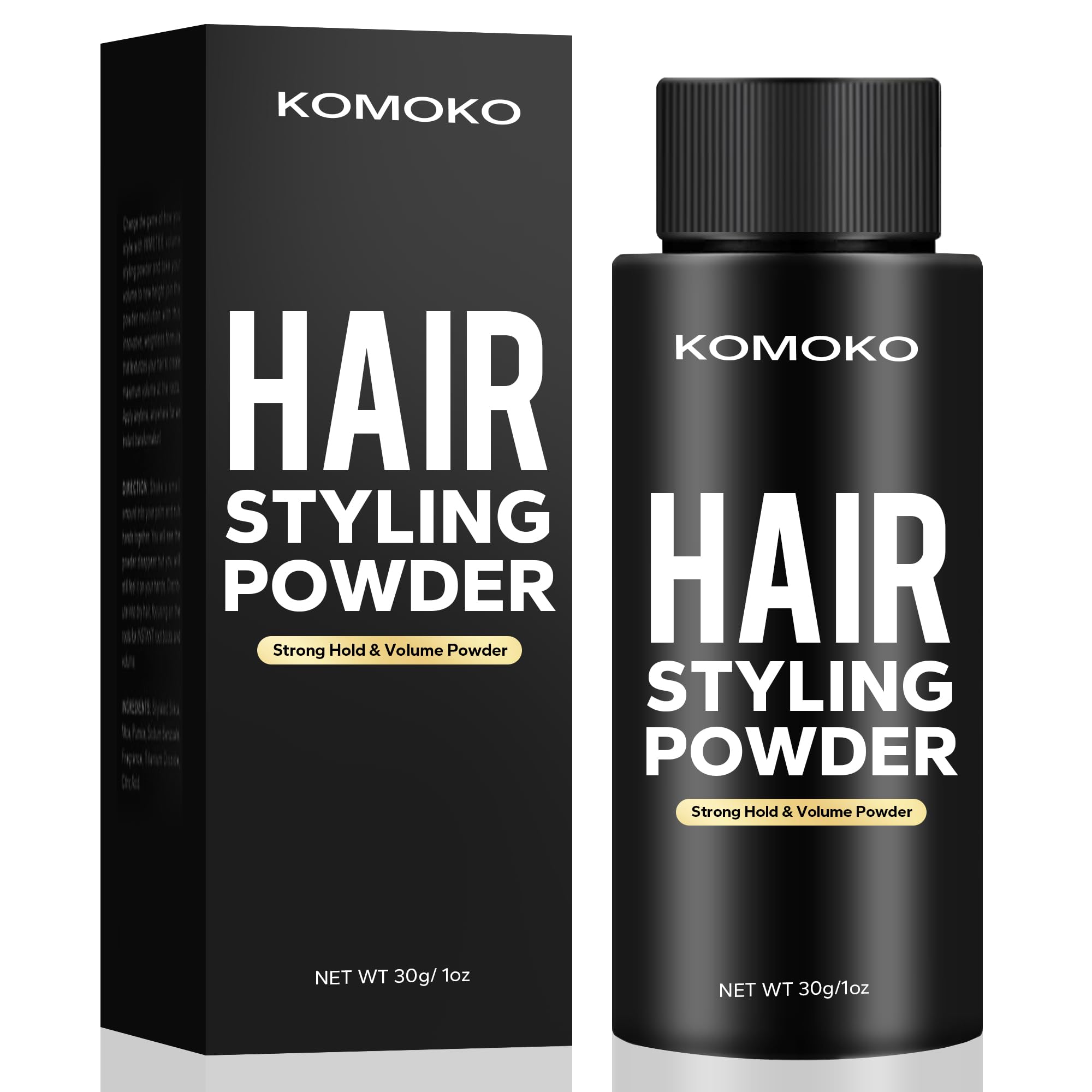 Komoko hair styling powder packaging front showing compact 0.7 oz design for on-the-go styling.