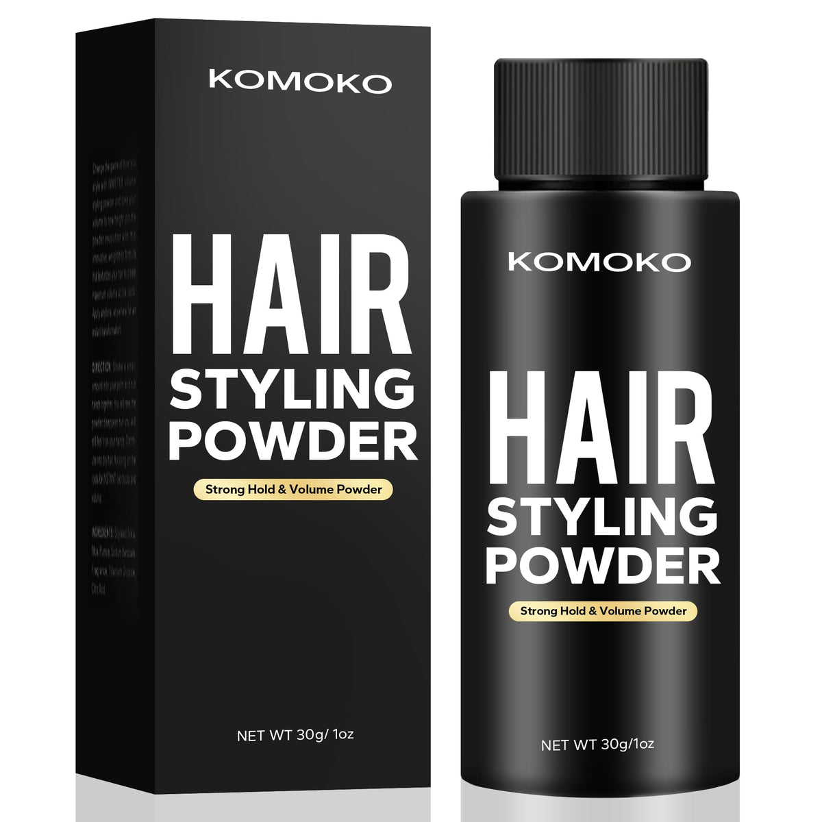 Komoko hair styling powder packaging front showing compact 0.7 oz design for on-the-go styling.