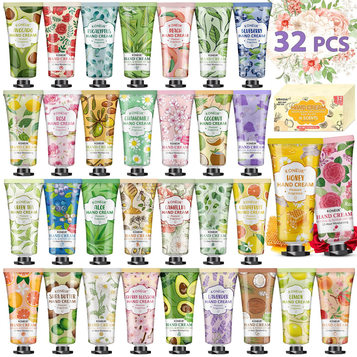 KONEUK 32-pack hand cream gift box, ideal for gifting occasions and stocking stuffers