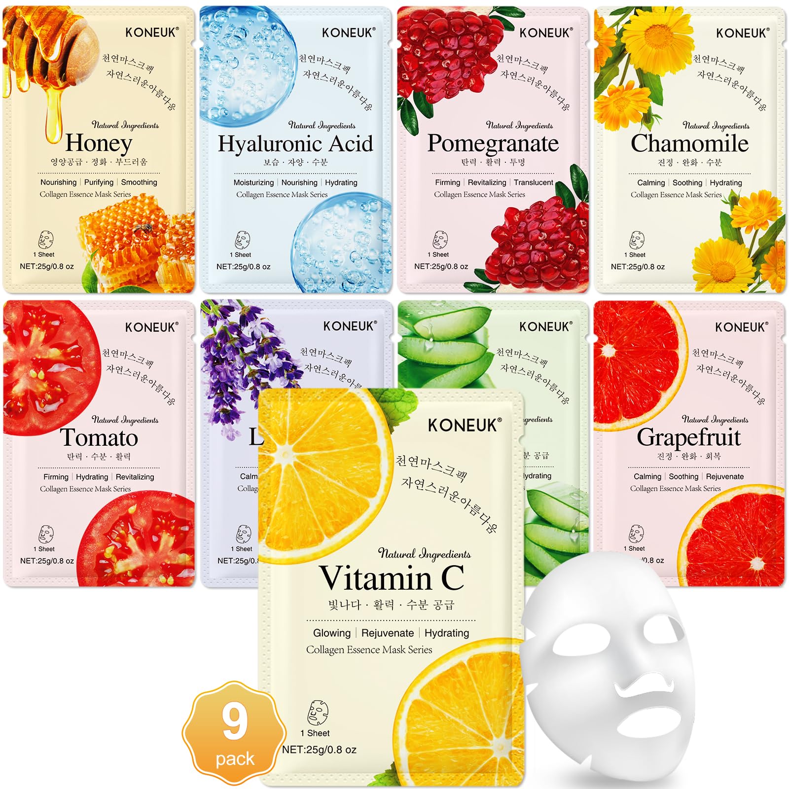 KONEUK 9 Pack collagen face mask lemon for hydration and radiant skin