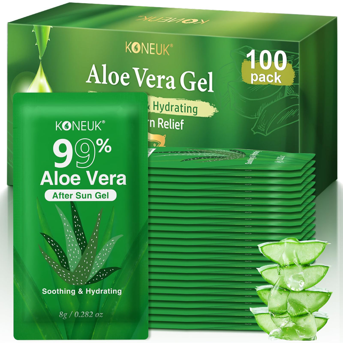 KONEUK aloe vera gel 100-pack sachets for on-the-go hydration and soothing relief