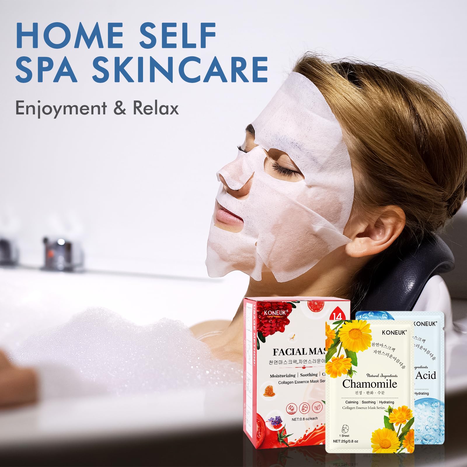 KONEUK apply mask steps illustration with 15–20 minute routine
