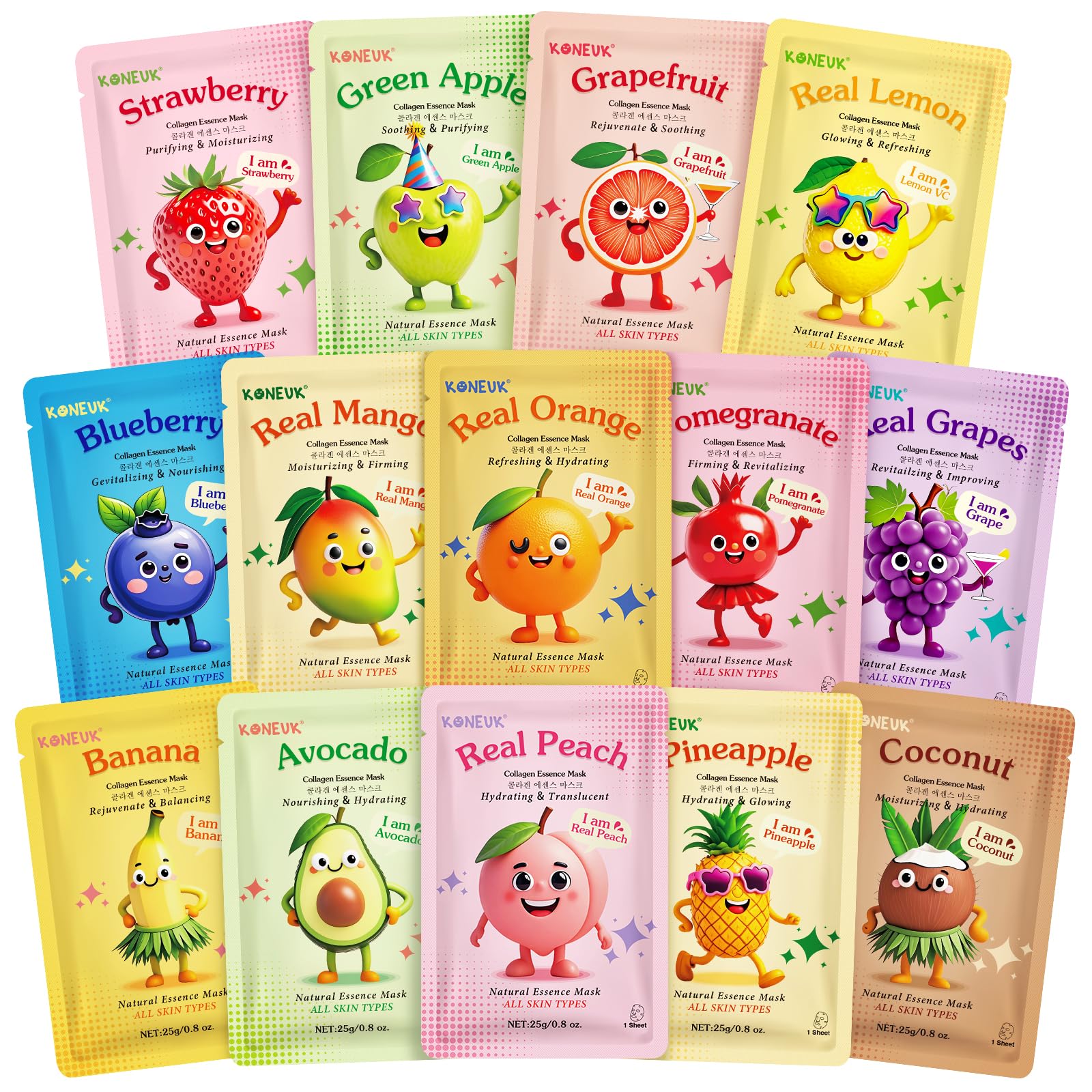 KONEUK 14 pack fruit face masks variety for daily care and hydration