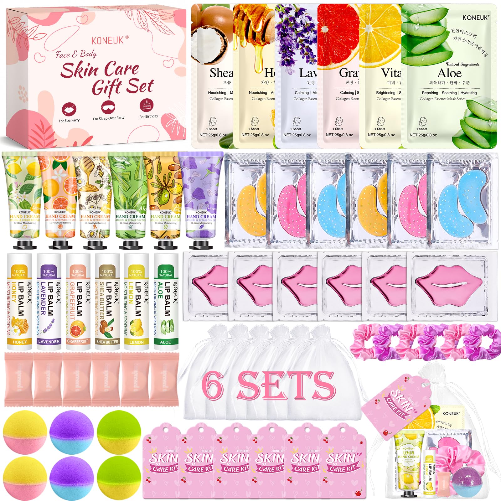 KONEUK spa party packaging showing a coordinated sleepover setup