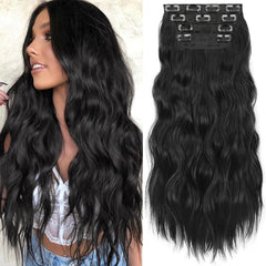 KooKaStyle clip-in extensions 24-inch long-wavy for dramatic volume.