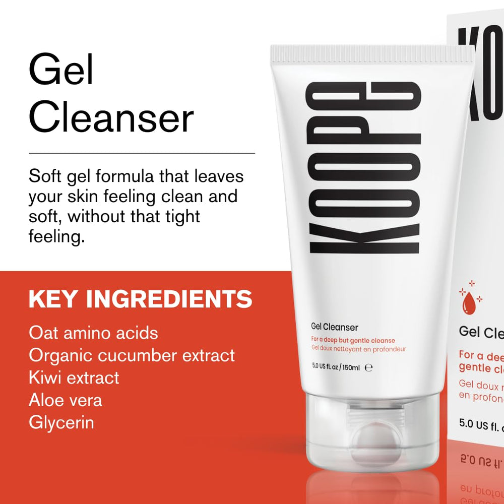 Koope Gel Face Wash bottle-back label close-up highlighting ingredients and claims.