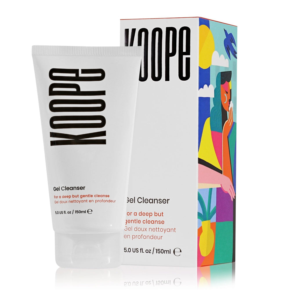 Koope Gel Face Wash bottle front shows minimalist packaging for all skin types.