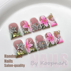 Koopnati French tip 3D pink star nails for special occasions