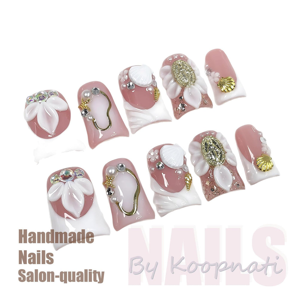 Koopnati square 3D nails with duck pink tips for durable salon-grade wear