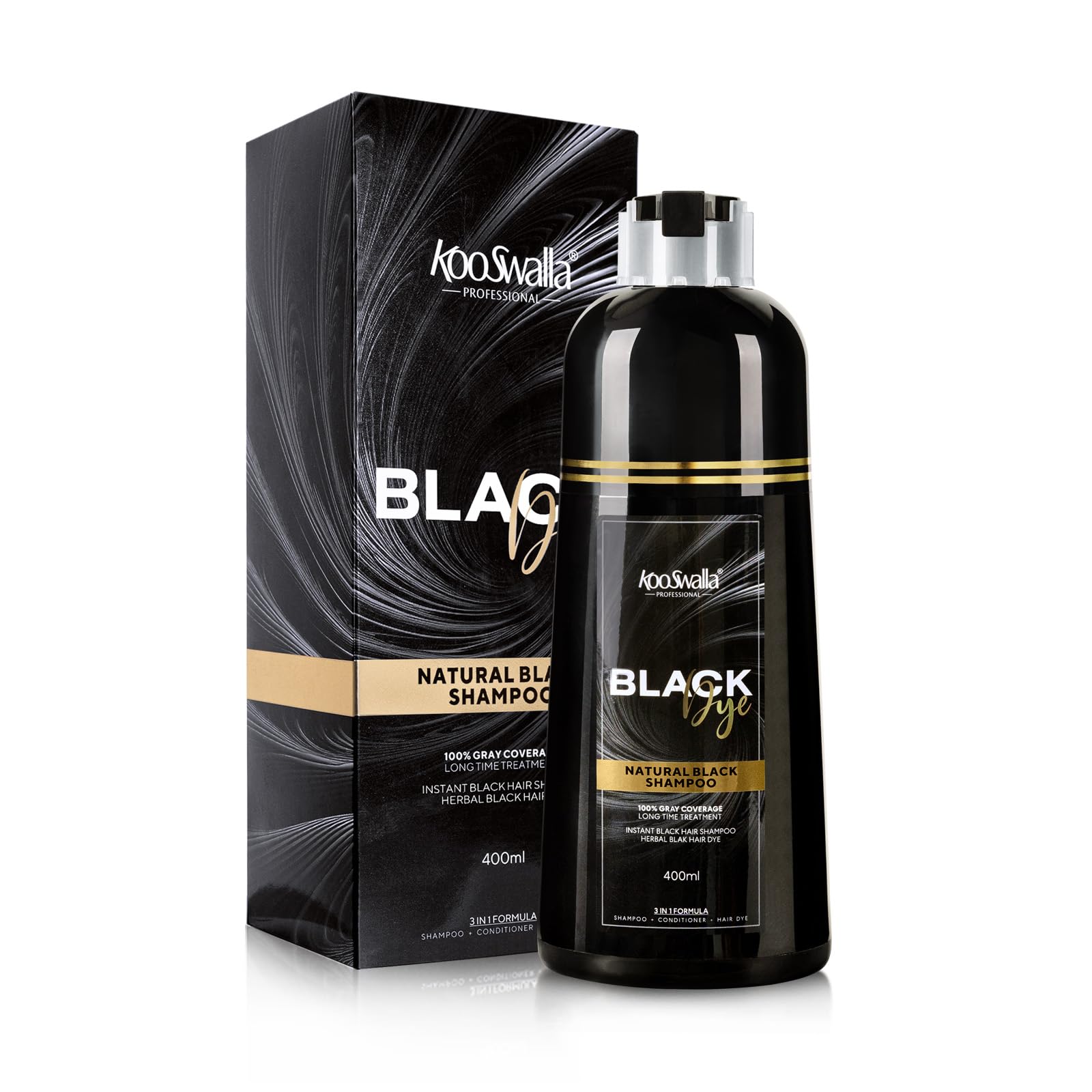 KooSwalla black hair dye shampoo bottle shows natural color solution for all hair types.