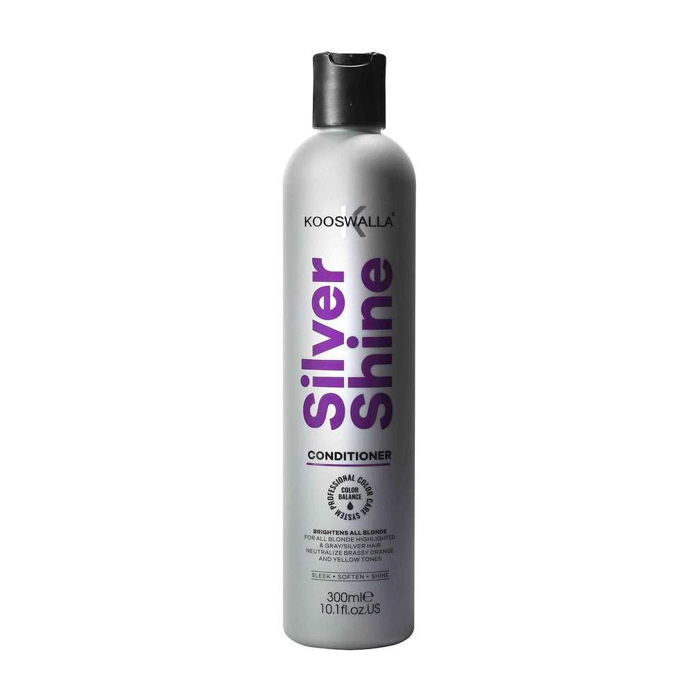 KooSwalla Purple Conditioner bottle demonstrates brassy neutralization for blonde and silver hair.
