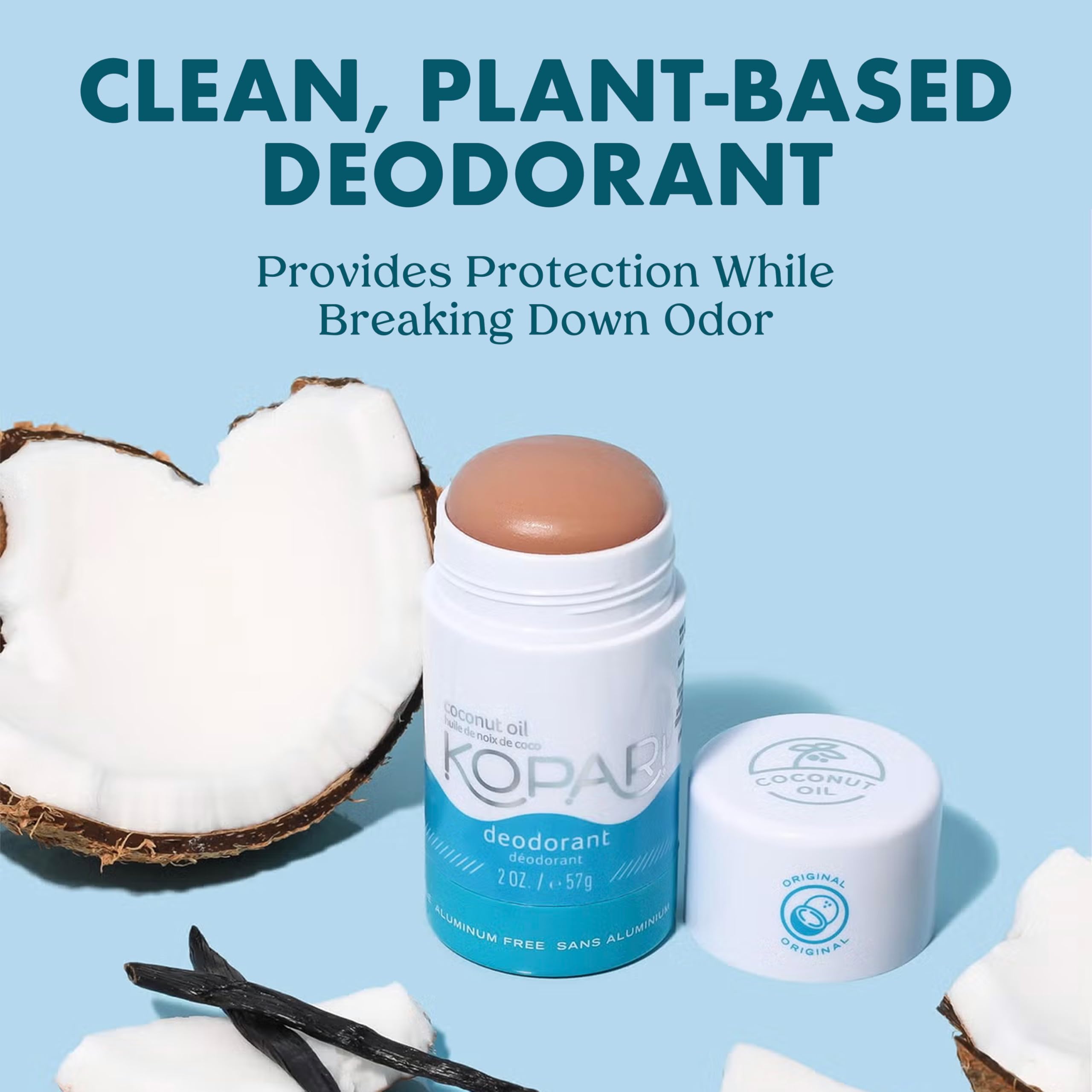 Kopari aluminum-free deodorant packaging closeup highlights clean plant-based composition.