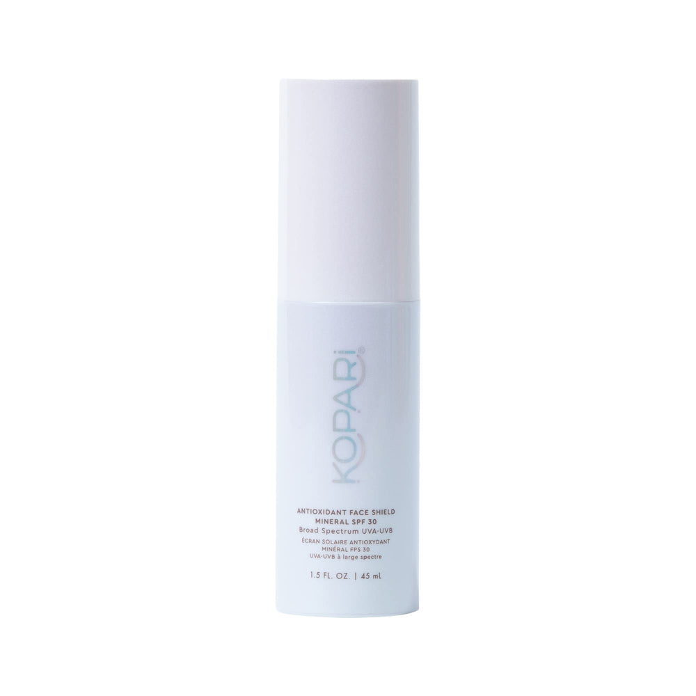 Kopari Antioxidant Face Shield bottle and pump for easy daily application with SPF 30 protection.