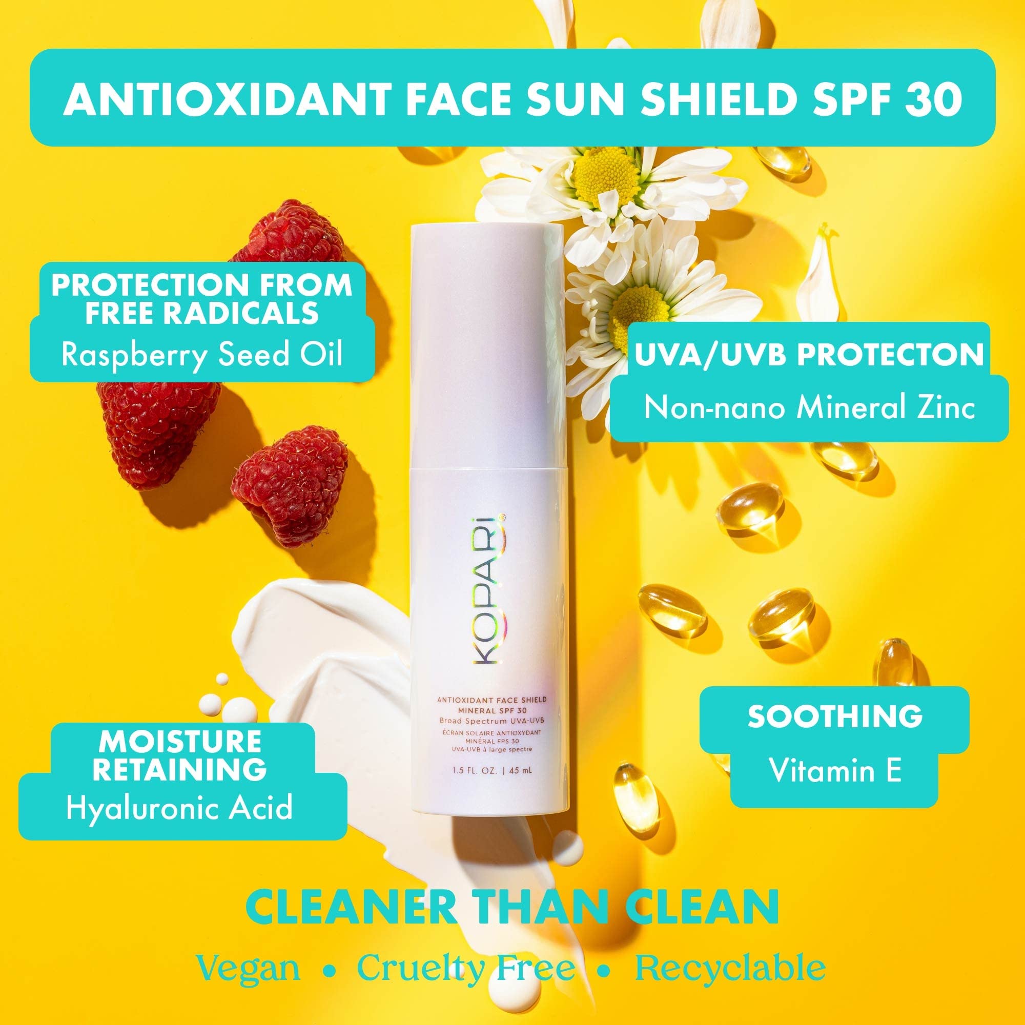 Kopari Antioxidant Face Shield offers a dewy finish for a healthy glow.